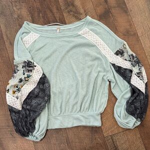 Free People Mint and Charcoal Blouse with Lace Details